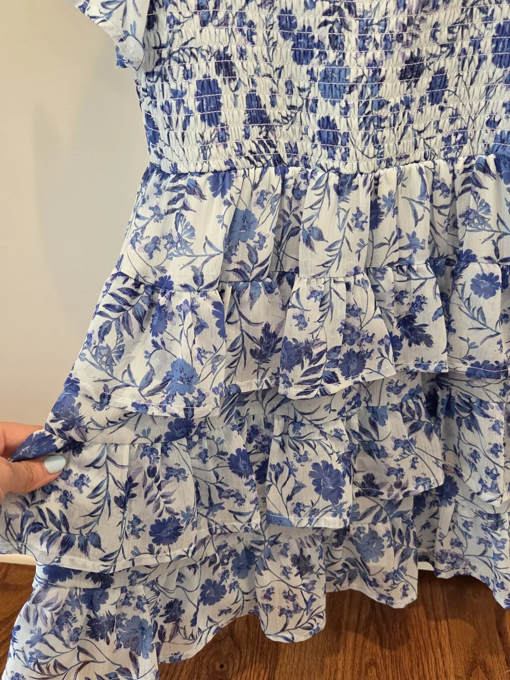 Smocked Blue Floral Tiered Kids Dress